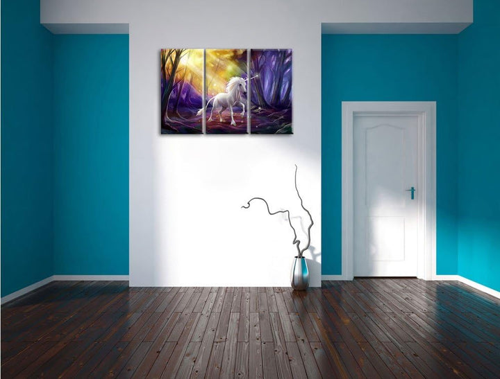Pixxprint Einhorn im Märchenwald als Leinwandbild | Grösse: 3 Teilig (120x80) | Wandbild| Kunstdruck