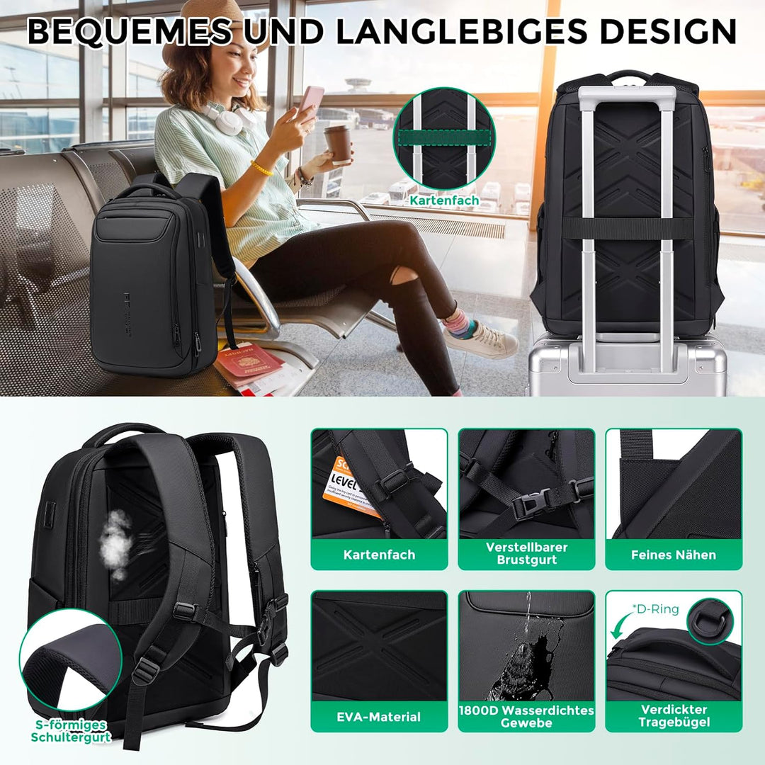 Business Rucksack Herren (15,6 Zoll Laptop Rucksack, 1800D Wasserdicht, USB-Anschluss) – Anti-Diebst