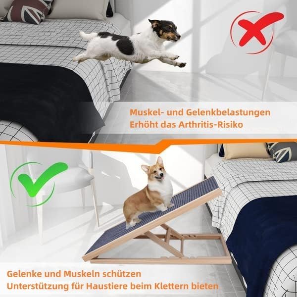 3-in-1 Hunderampe Auto/Bett/Sofa – 100cm Klappbare Katzenrampe aus Kiefernholz – Leicht & Höhenverst
