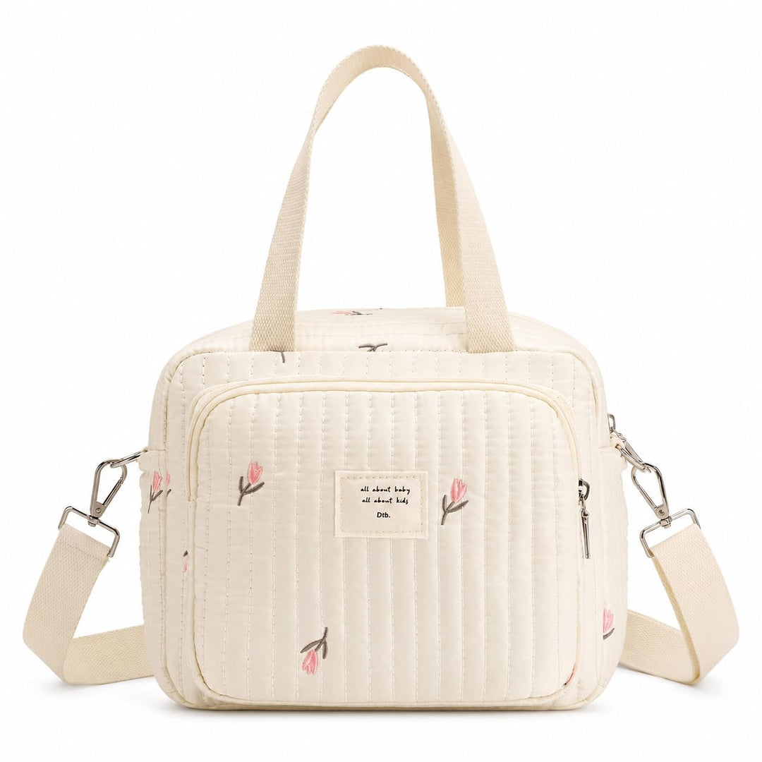 Wickeltasche, Mommy Bag Blumen, Kleine Gesteppte Tasche mit bestickten Blumenmotiven, Tragegriffen u