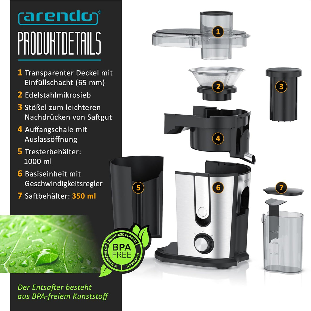 Arendo - Entsafter Edelstahl Obst und Gemüse - Zentrifugaler Entsafter - elektrisch - 2 Geschwindigk