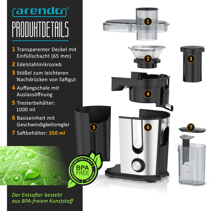 Arendo - Entsafter Edelstahl Obst und Gemüse - Zentrifugaler Entsafter - elektrisch - 2 Geschwindigk
