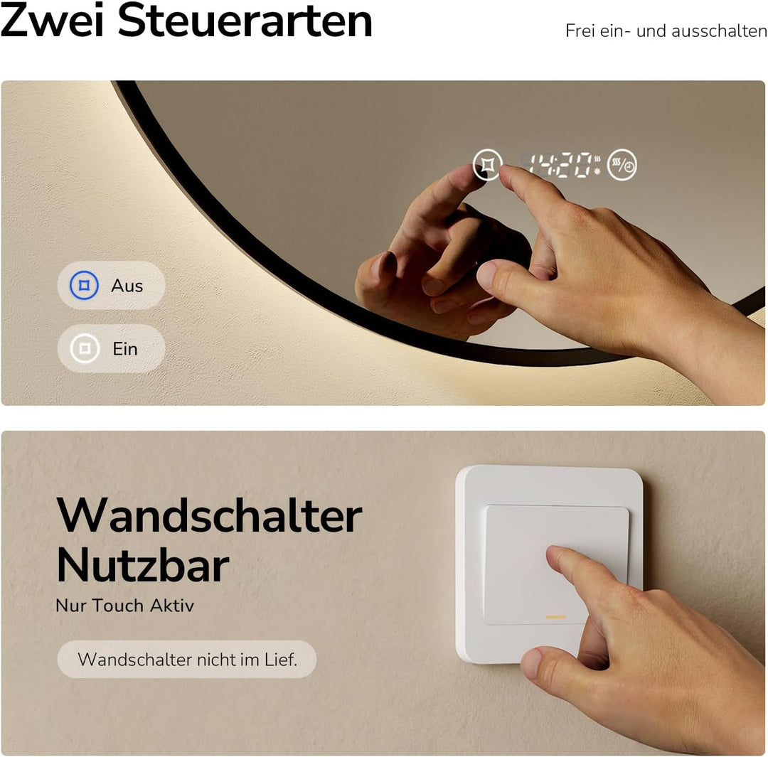 EMKE Runder Spiegel mit Beleuchtung ф60cm LED Badspiegel Schwarzer Rund Badezimmerspiegel mit Touch,