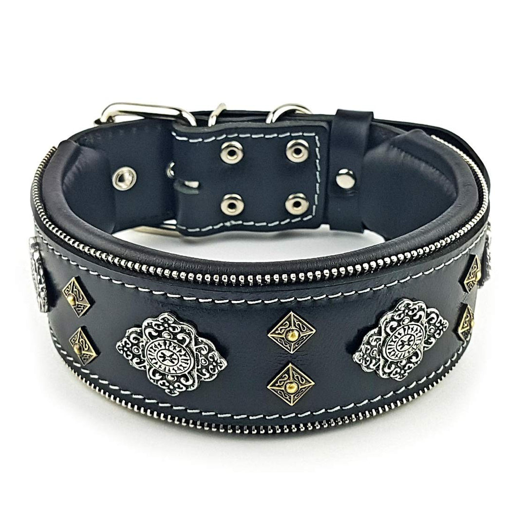 Bestia™ "Aztec Echtleder Hundehalsband für grosse Hunde. 100% Leder. Weich gepolstert. 6,3 cm breit.