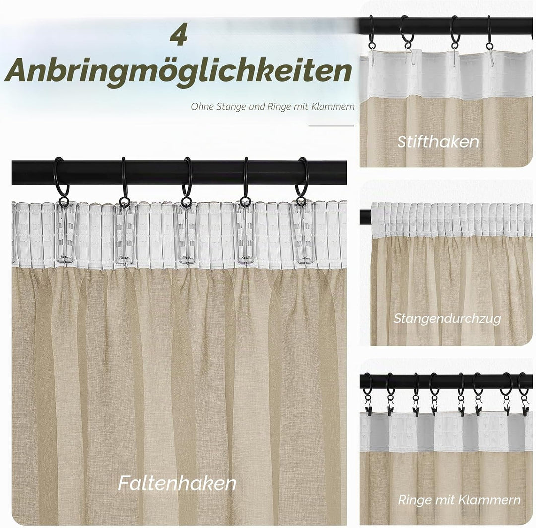 MRTREES Gardinen Transparent Beige Kurz mit kräuselband für schiene 100X200cm (HXB) Vorhang 200 cm b