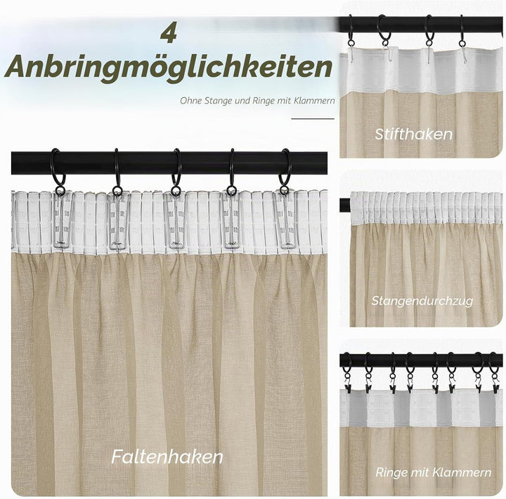 MRTREES Gardinen Transparent Beige Kurz mit kräuselband für schiene 100X200cm (HXB) Vorhang 200 cm b