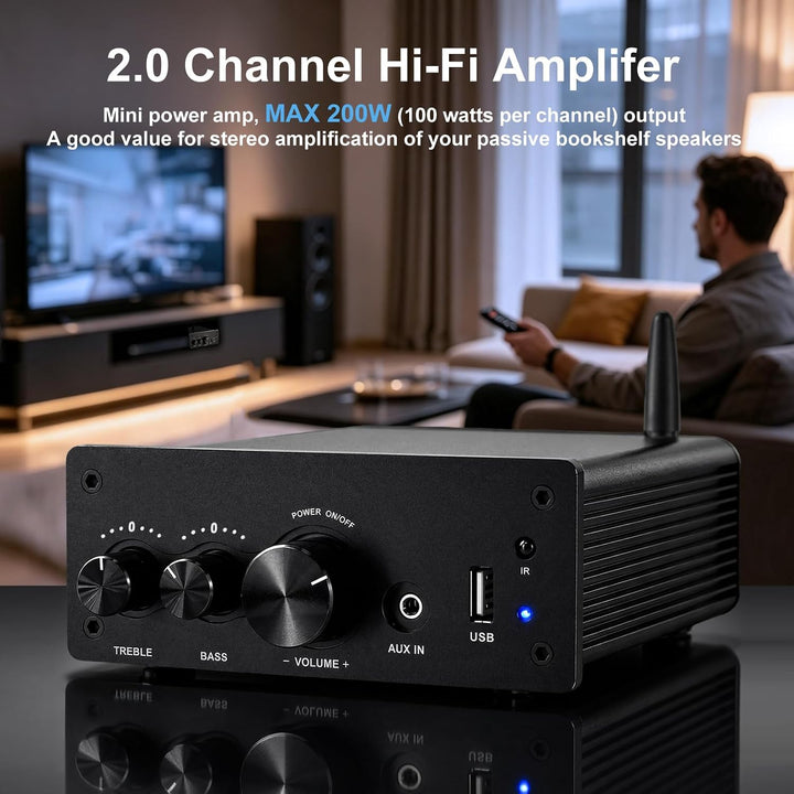 LONPOO Mini Bluetooth Hifi-Verstärker 200W mit Fernbedienung, Optical, COAX, USB, AUX-Eingang, 2 Kan