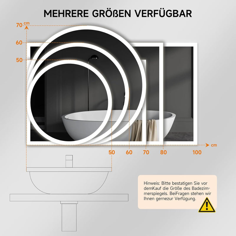 YOLEO Badspiegel rund mit Beleuchtung, LED Spiegel mit Touchschalter, Badzimmerspiegel LED Beschlagf