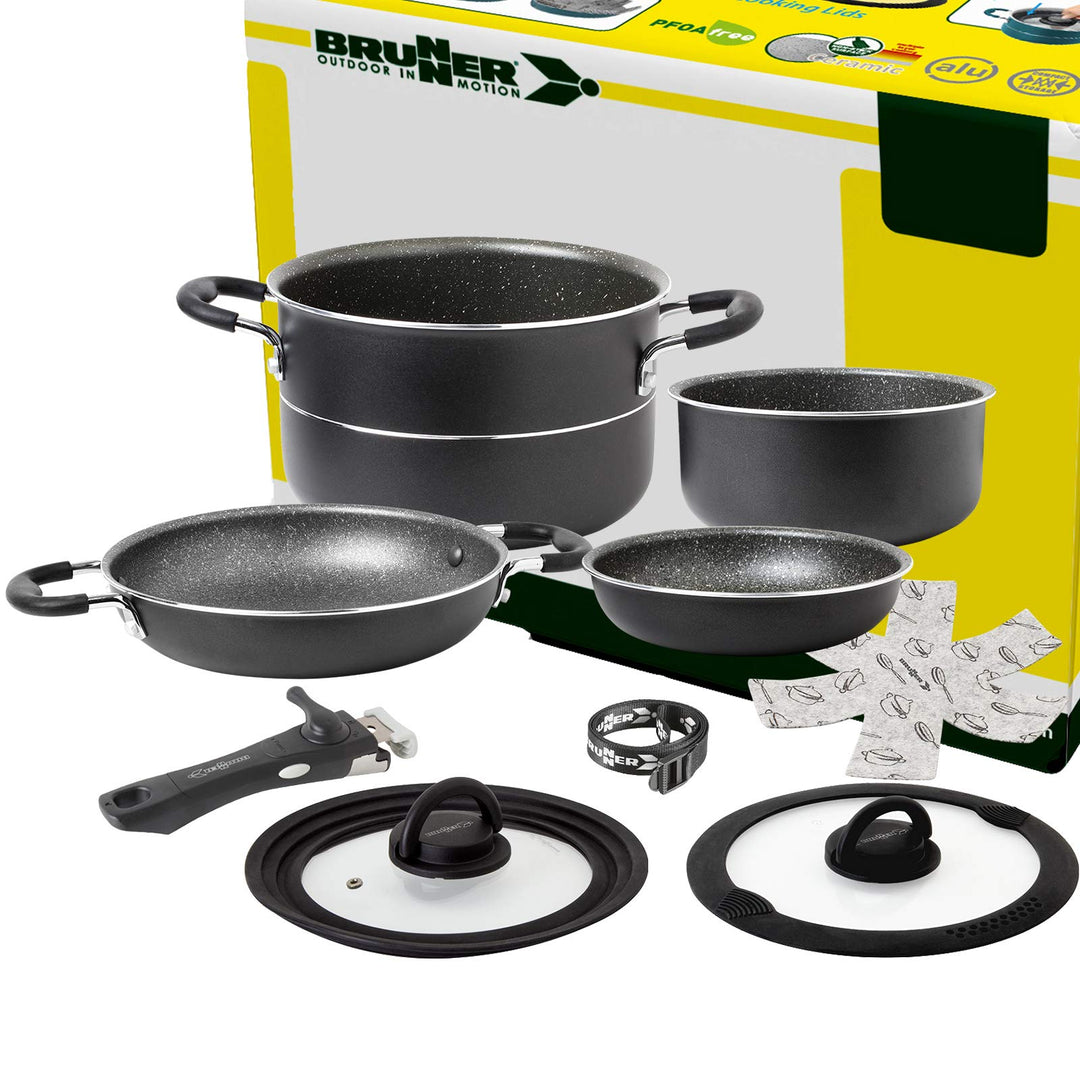 BRUNNER Camping Kochgeschirr-Set Alu (Töpfe und Pfannen) - ø 20, 22 oder 24-cm Pirate Vakublock - 4
