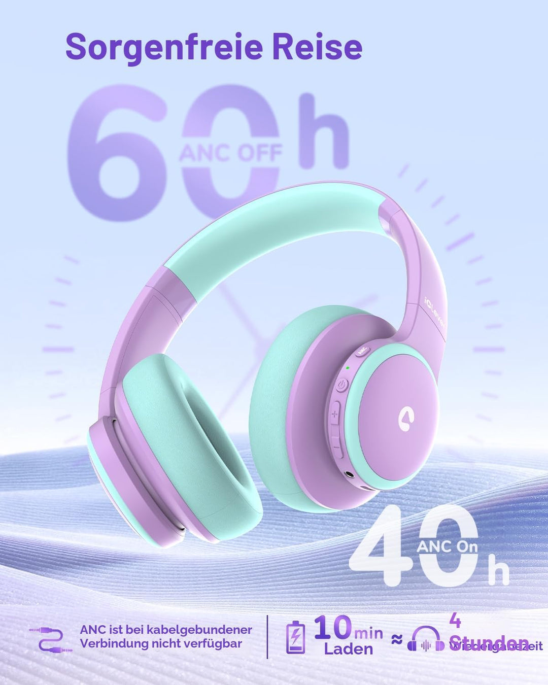 iClever Noise Cancelling Bluetooth Kopfhörer Kinder, 60 Spielzeit, Sichere Lautstärke 80 dBA, Typ-C-