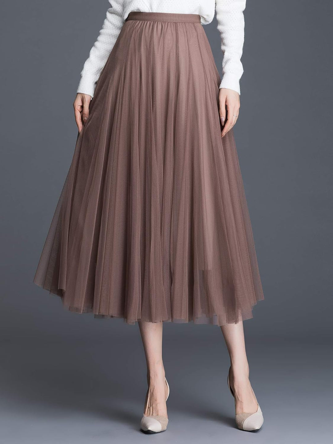 Damen Tüllrock Midi Faltenrock Hoher Bund Schick Rock Elastisch Taille Drapiert Stoff, Braun