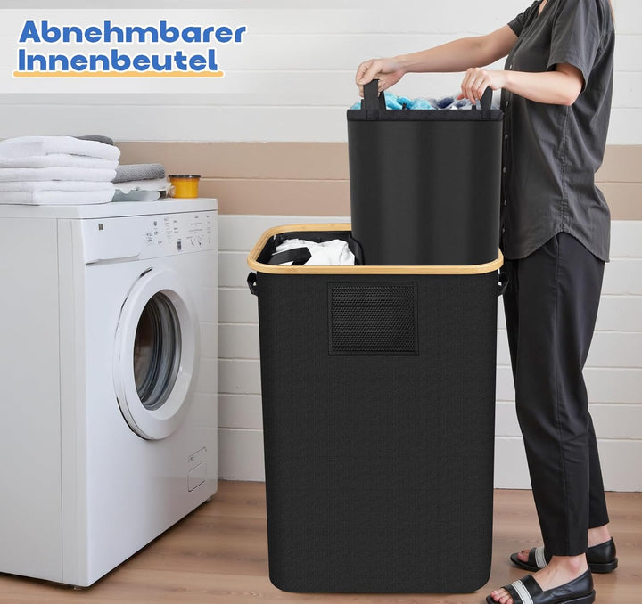 150L Schwarz Faltbarer Wäschekorb mit Deckel,Grosser Wäschesammler aus strapazierfähigem Kunststoff,
