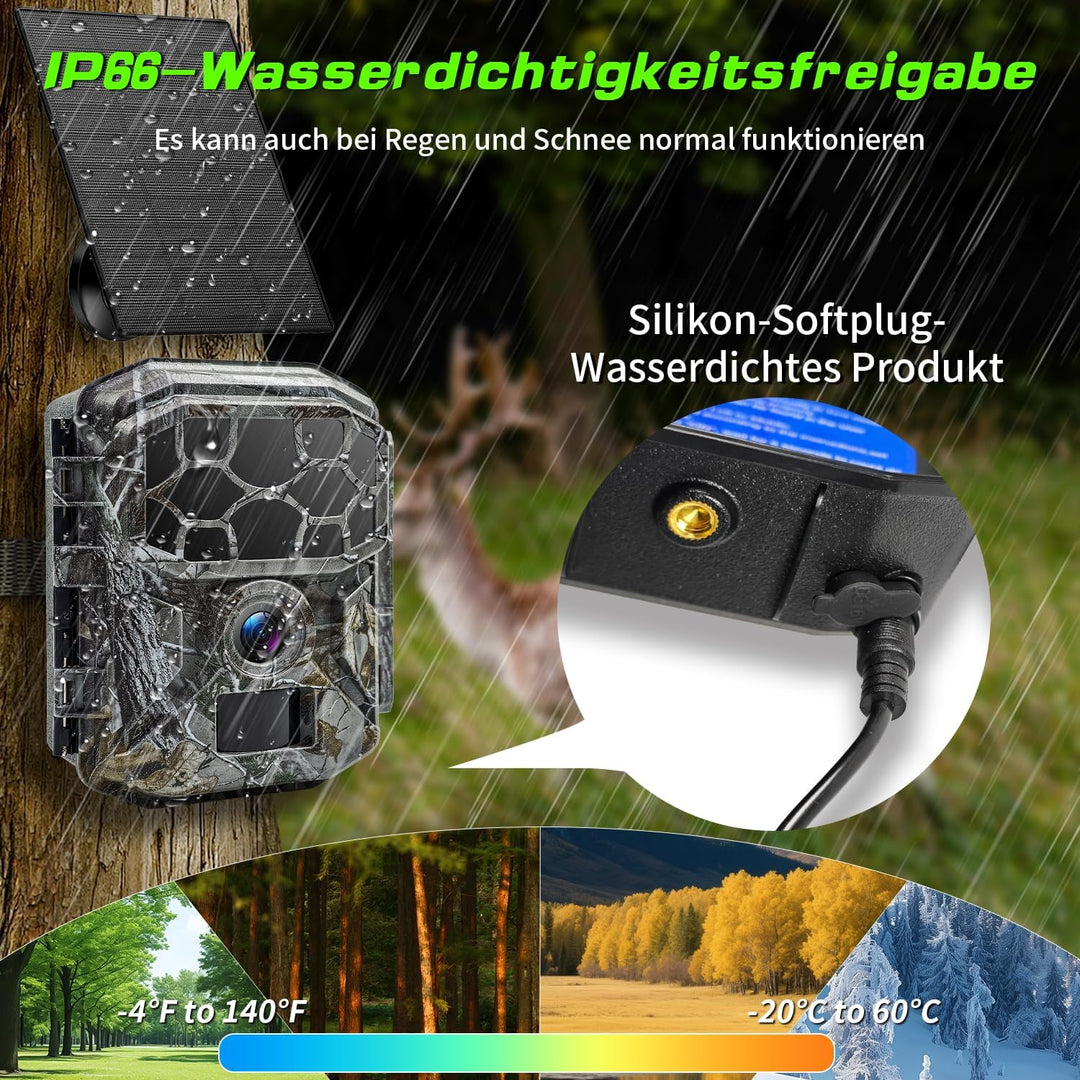 Wildkamera Solar WLAN mit Handyübertragung App 7800mAh Akku - 4K 60MP Wildtierkamera Bluetooth mit B