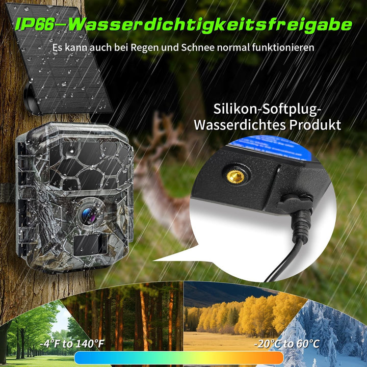 Wildkamera Solar WLAN mit Handyübertragung App 7800mAh Akku - 4K 60MP Wildtierkamera Bluetooth mit B