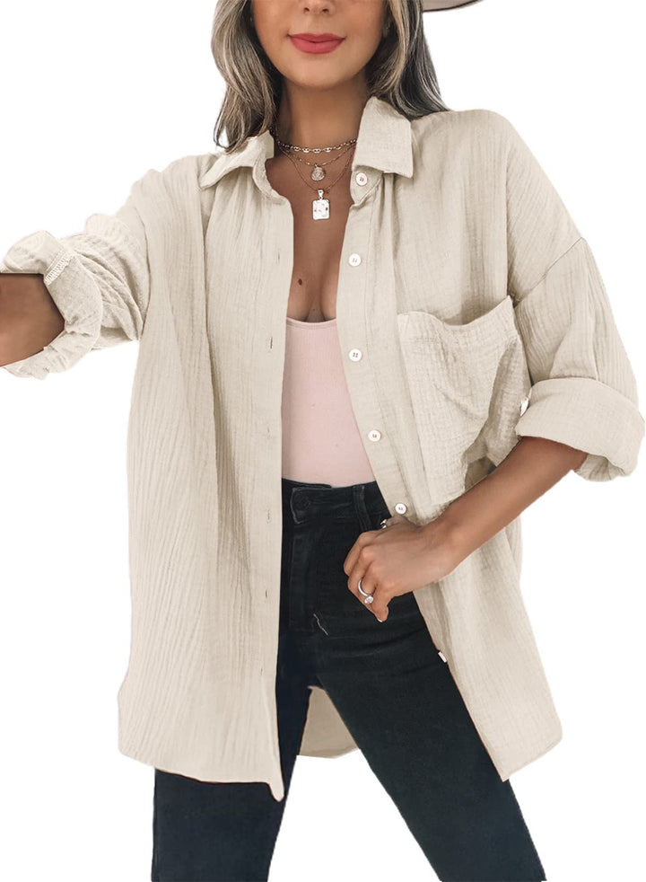 Dokotoo Bluse Damen Musselin Langarmshirt Baumwolle Lässig Oberteile Hemd Langarm Einfarbig Tops Far