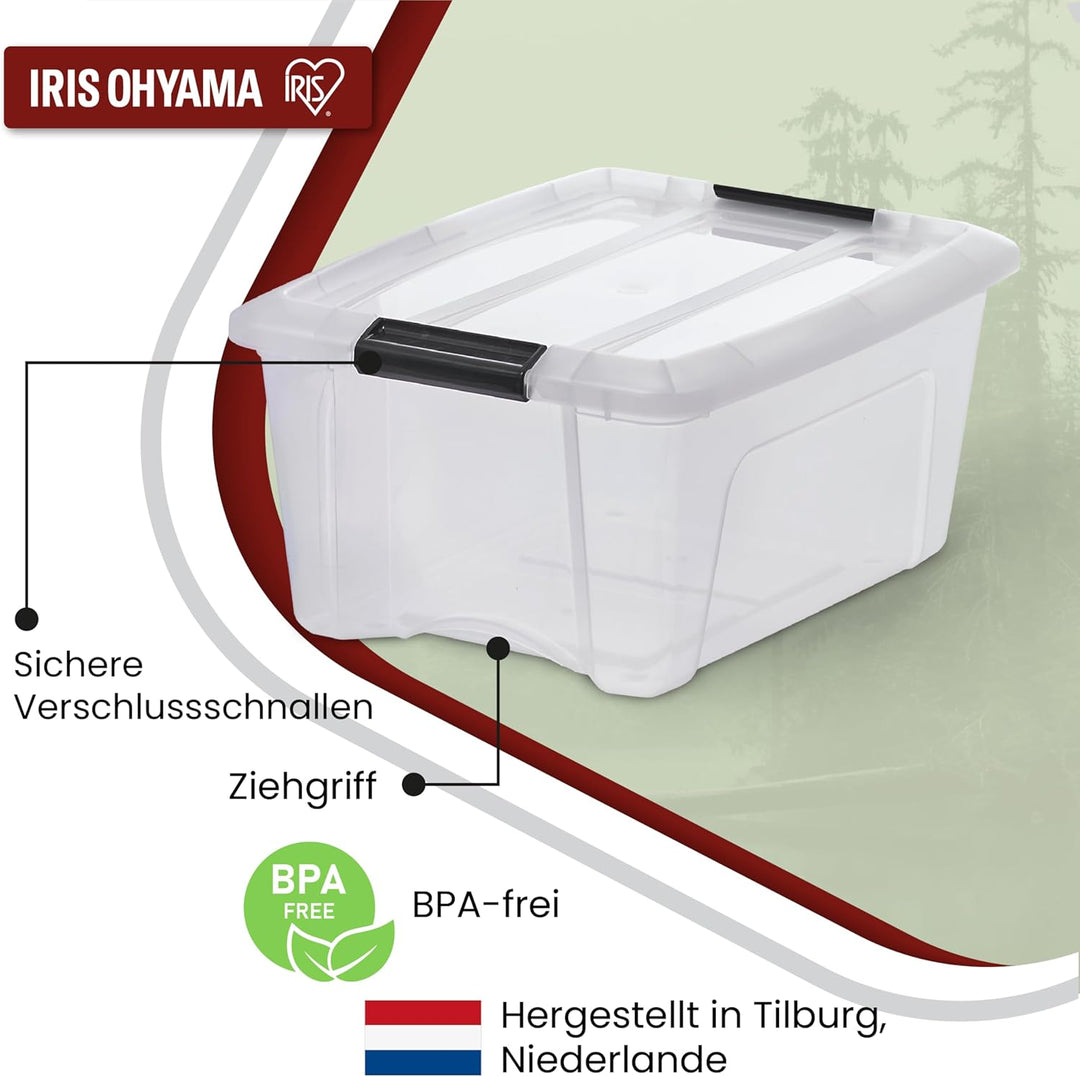 Iris Ohyama, 6er-Set, Aufbewahrungsboxen, 15 L, mit Clips, stapelbar, Wohnzimmer, Schlafzimmer, Gara