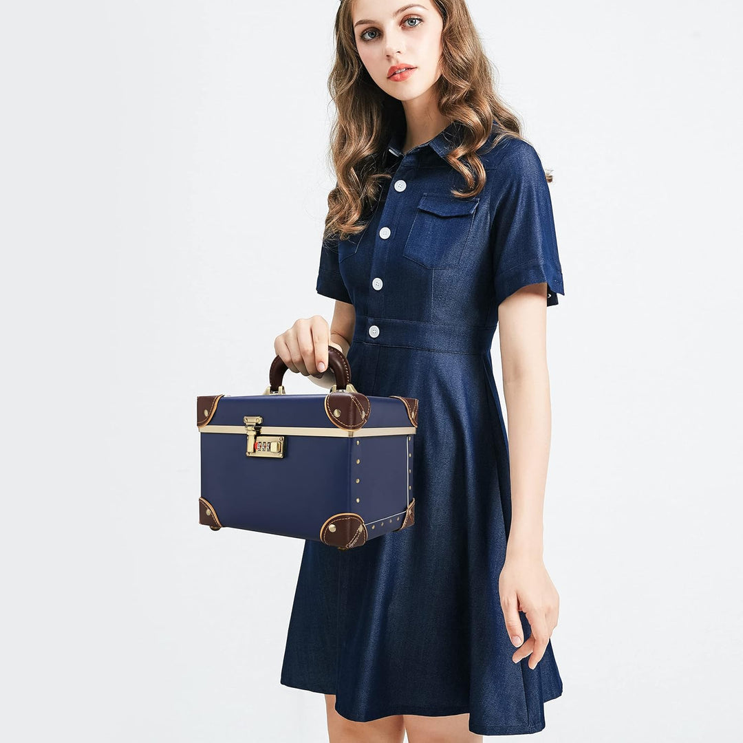 urecity Vintage Leder Kosmetikkoffer mit Spiegel - Hartschale Schminkkoffer für Damen, Reise Make-up
