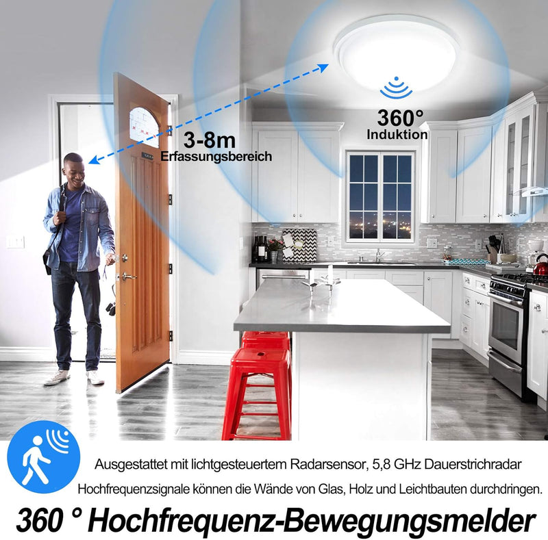 UISEBRT 15W LED Deckenleuchte mit Bewegungsmelder - Moderne Rund Deckenlampe IP44 Wasserdicht für Wo