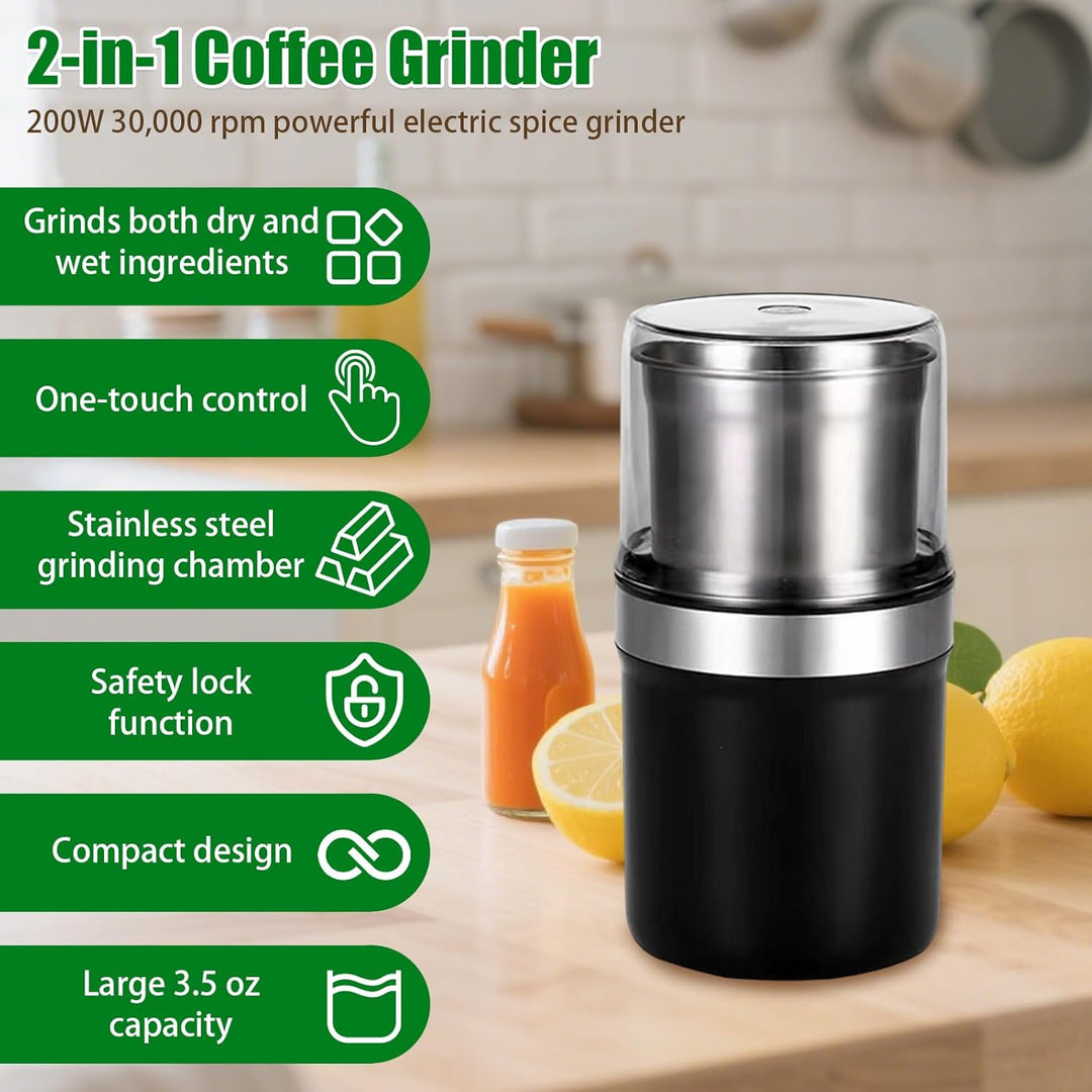 200-W-Elektromühle für Kaffee und Gewürze mit 2 Edelstahlbehältern für Nass- und Trockenmahlung, Krä