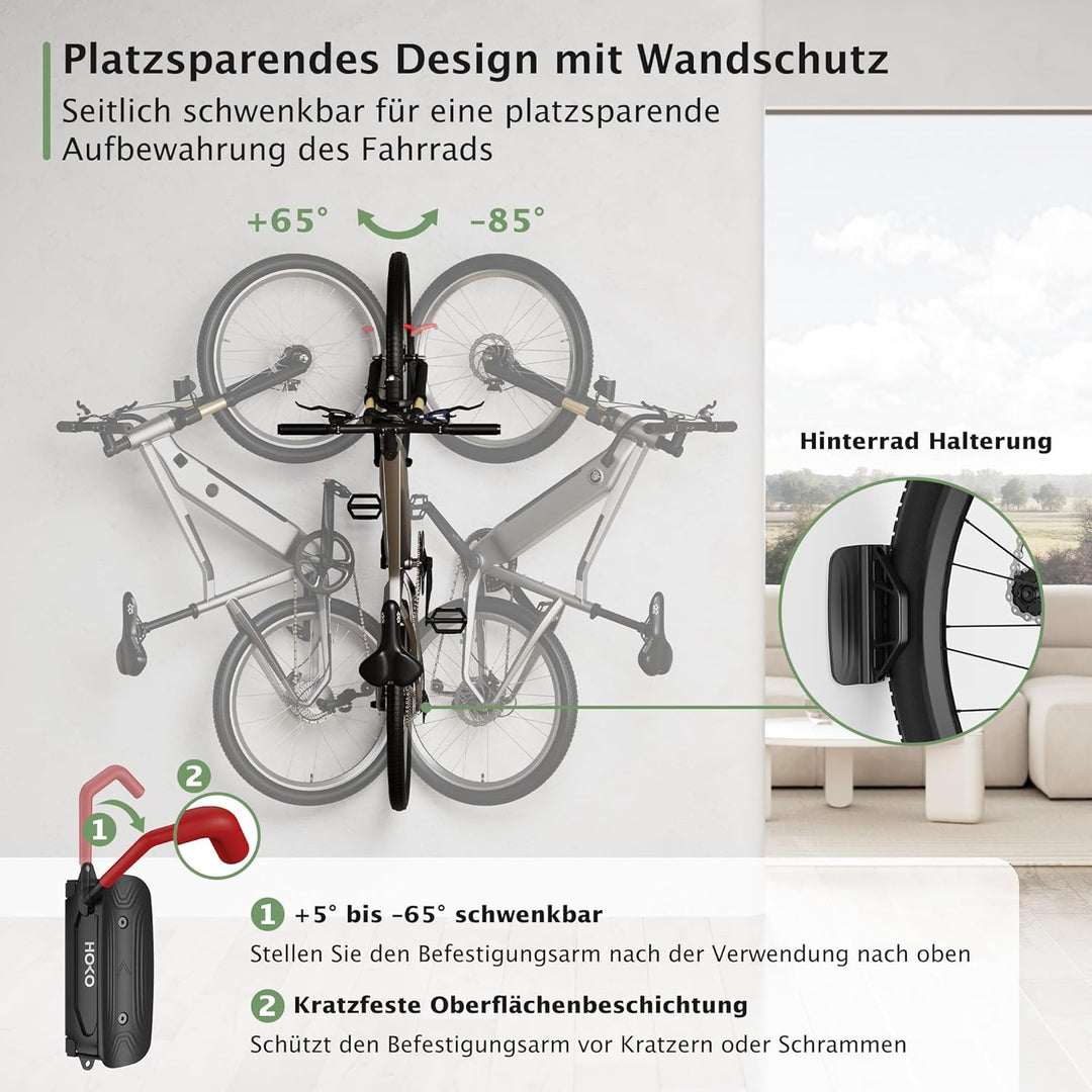 HOKO-VELO 30 2er set Fahrradhalterung Wandmontage mit Hinterrad Halterung – Seitlich schwenkbar, pla