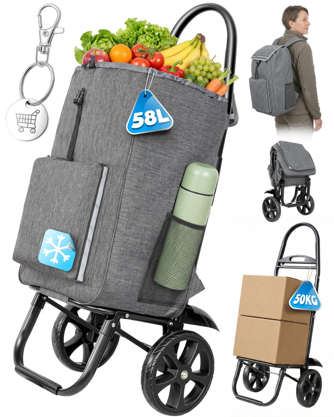 Homecall Einkaufstrolley Klappbar Einkaufswagen mit 50L + 5L kühlfunktion Bis 50KG, Einkaufstasche m