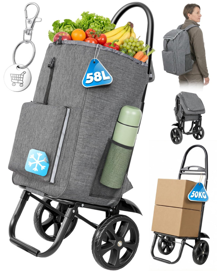 Homecall Einkaufstrolley Klappbar Einkaufswagen mit 50L + 5L kühlfunktion Bis 50KG, Einkaufstasche m