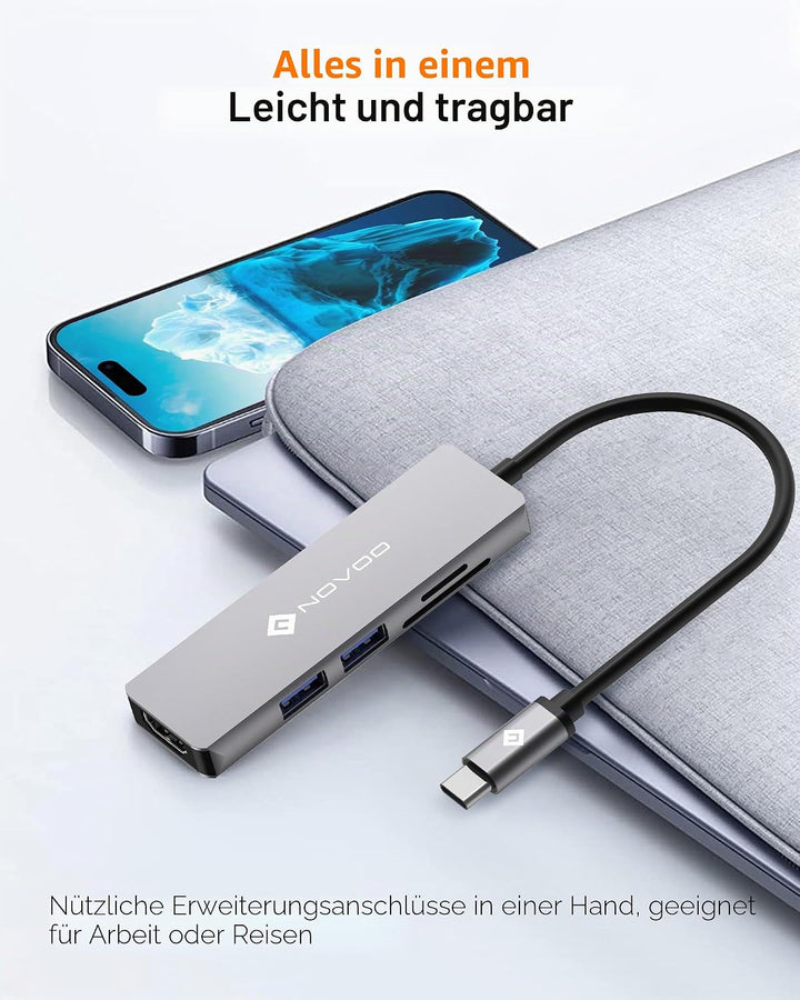 NOVOO 5-in-1 USB-C-Hub mit 4K HDMI-Adapter, 2 USB 3.0-Anschlüsse, SD/TF-Kartenleser, USB-C-Multiport