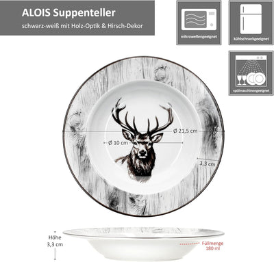 MamboCat Alois 6er Set Suppenteller I 180ml I Porzellan-Geschirr mit Hirsch-Dekor für 6 Personen I T
