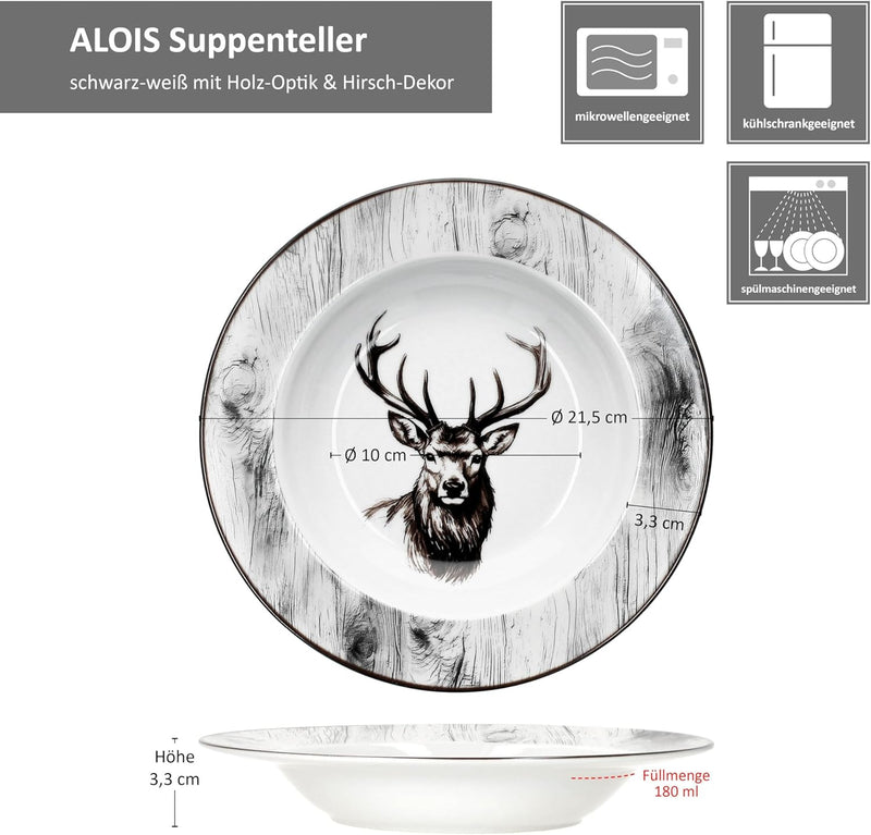 MamboCat Alois 6er Set Suppenteller I 180ml I Porzellan-Geschirr mit Hirsch-Dekor für 6 Personen I T