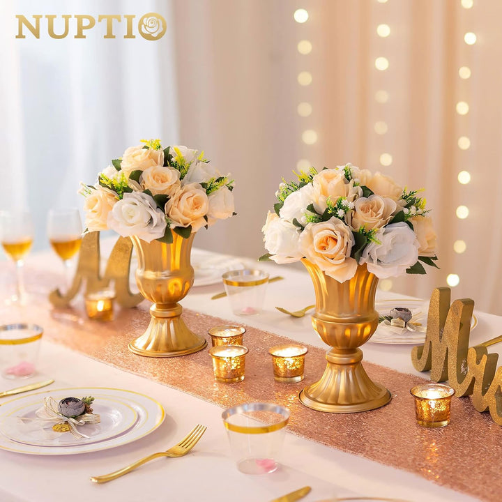 NUPTIO 2 Stück Künstliche Blumenstrauss, 15 Köpfe Kunststoff Rosen mit Sockel, Geeignet für Unser Ge