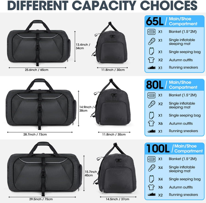 Faltbare Reisetasche 65L 80L 100L Grosse Leichte Sporttasche mit Schuhfach für Herren Damen Weekende
