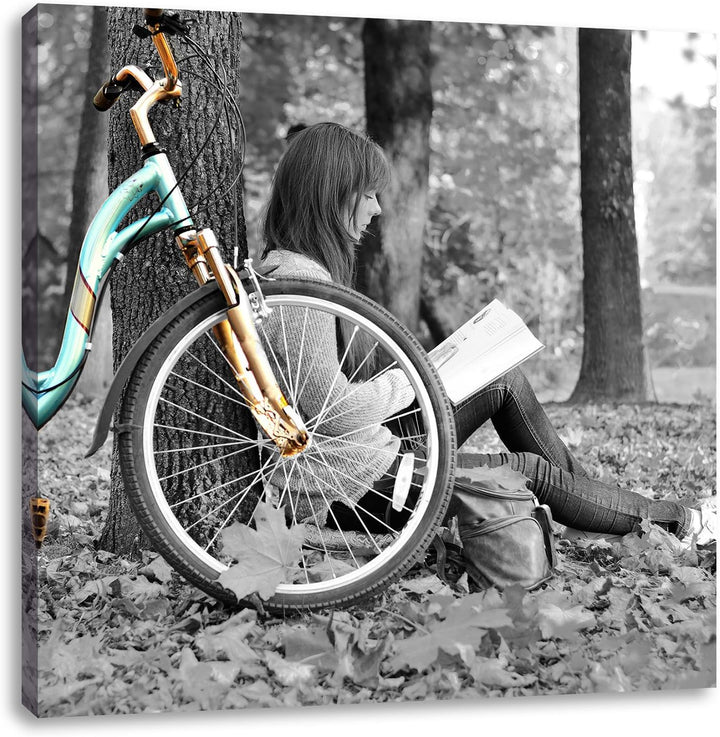 Pixxprint Junges Mädchen mit Fahrrad schwarz/weiss, Format: 70x70 auf Leinwand, 70x70