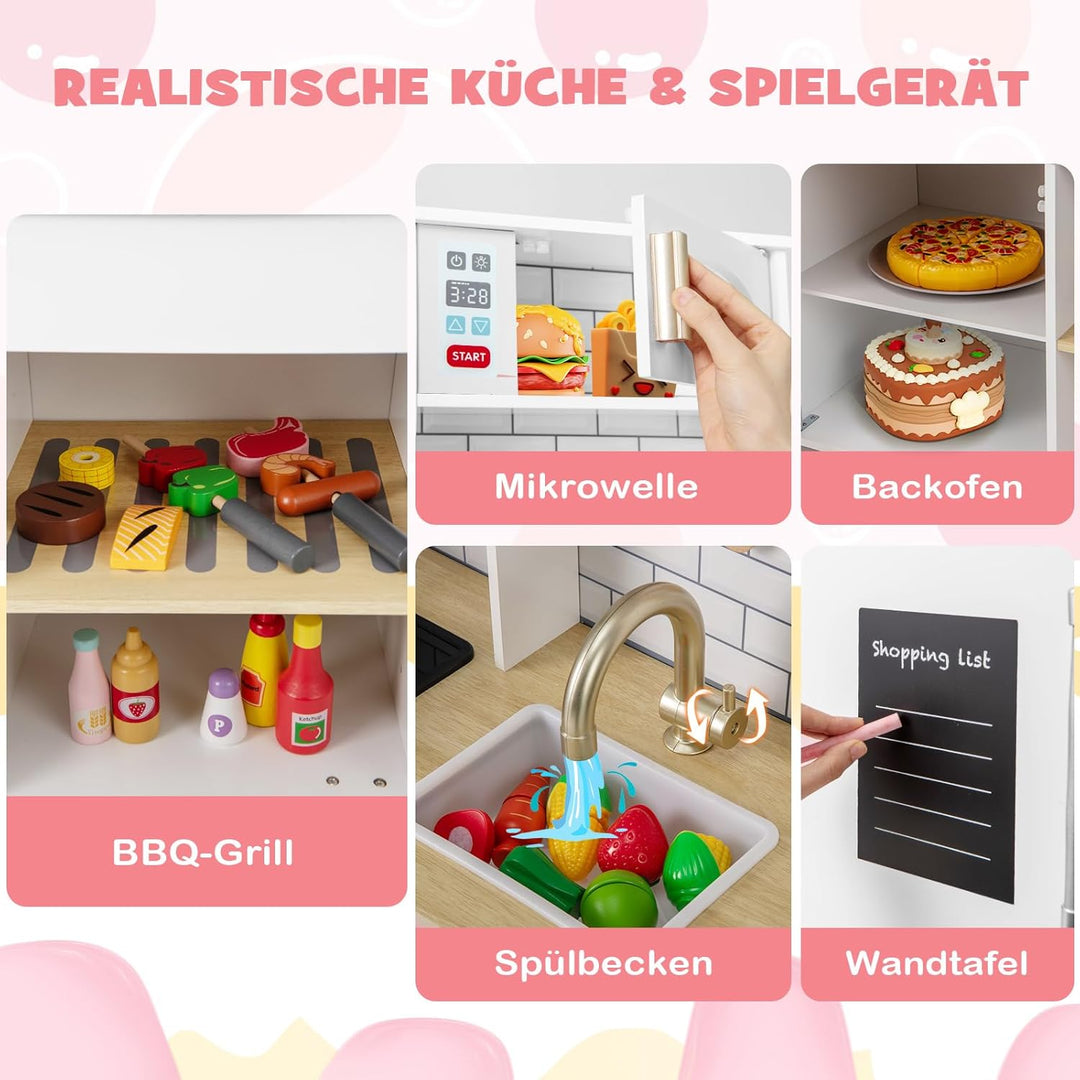DREAMADE Kinderküche Holz mit 10 TLG. Zubehör, Holzküche Kinder Küche mit Herd Dunstabzugshaube Eism