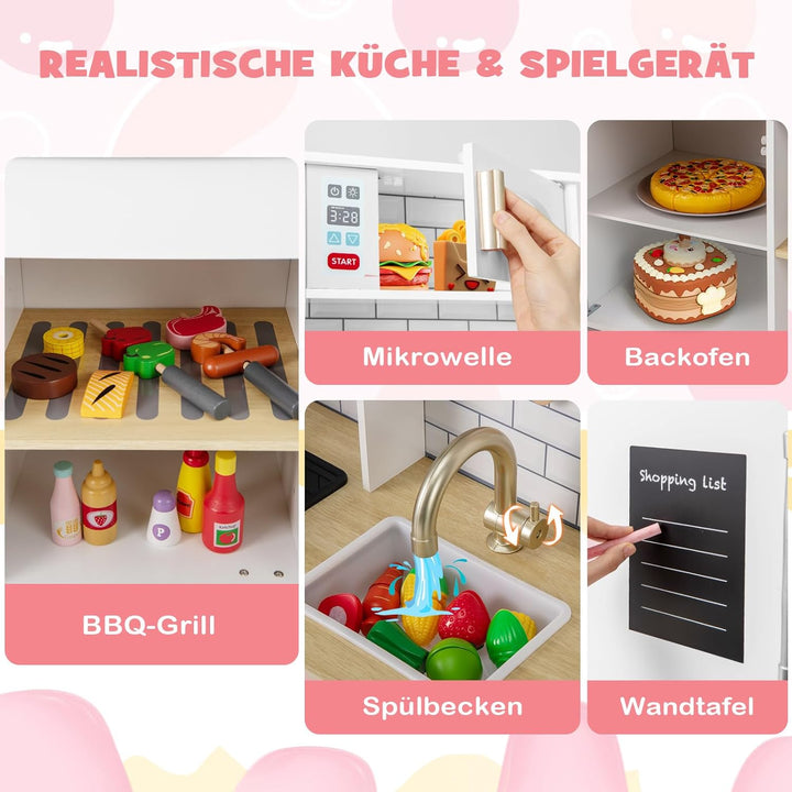 DREAMADE Kinderküche Holz mit 10 TLG. Zubehör, Holzküche Kinder Küche mit Herd Dunstabzugshaube Eism
