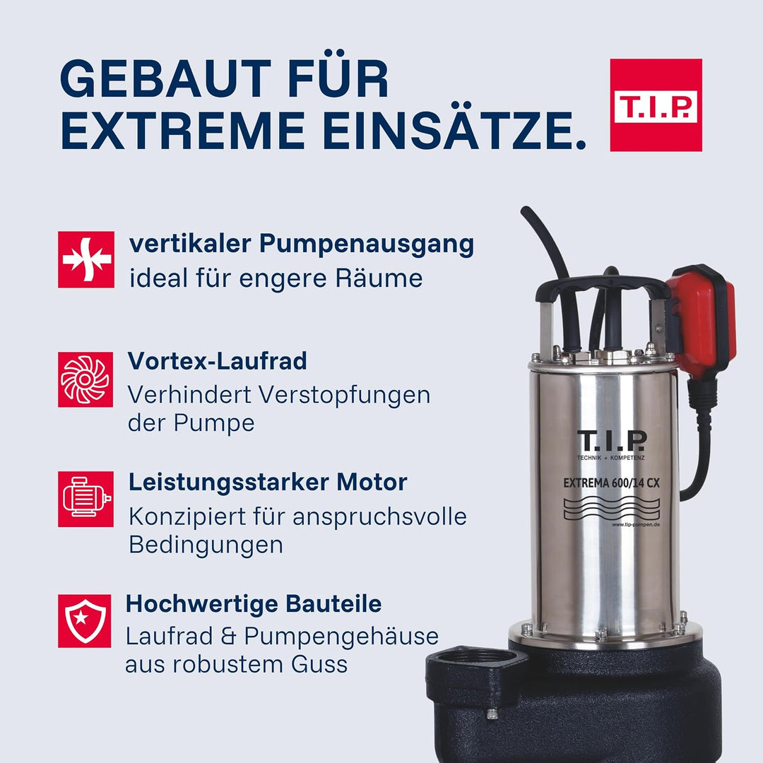 T.I.P. Schmutzwasser Tauchpumpe - Baupumpe Edelstahl (36.000l/h Fördermenge, 14m Förderhöhe, 50mm Ko