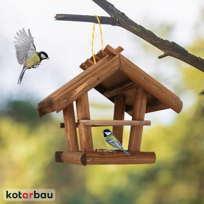 KOTARBAU® Holz Vogelfutterhaus Klein aus Natürlichem Holz Dunkelbraun zum Aufhängen + 0,5 kg Futter