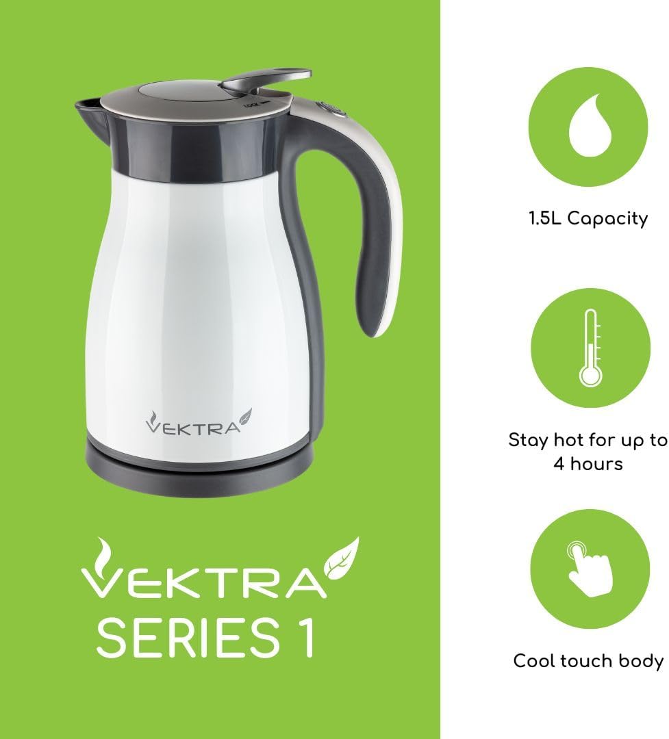 Vektra VEK-1501S Vakuumisolierter Wasserkocher 1,5 L Edelstahl Doppelwandig EU-Stecker, Thermoskanne