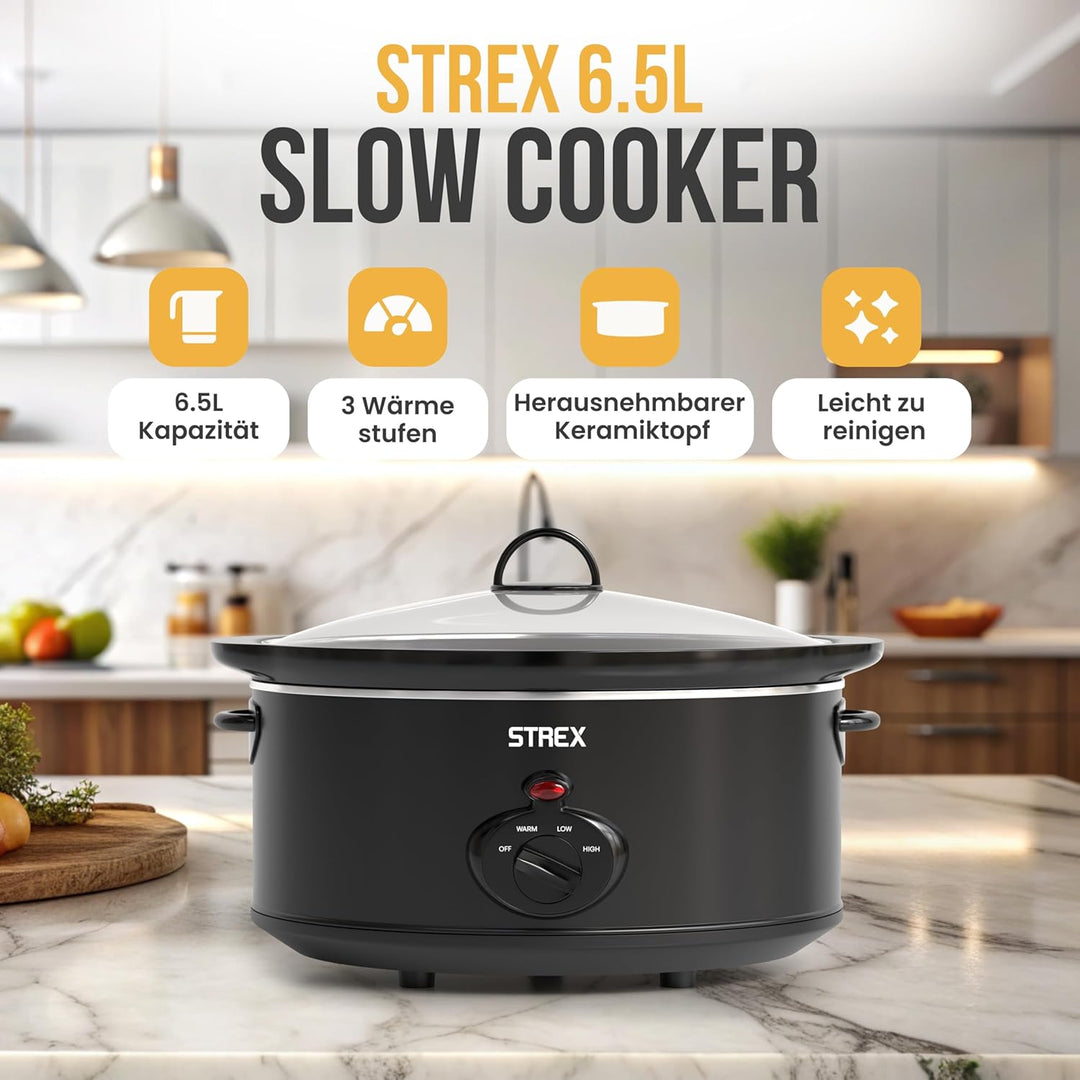 Strex Schongarer Slowcooker 6.5L - Herausnehmbarer Keramik-Innenbehälter - Warmhaltefunktion - Slow