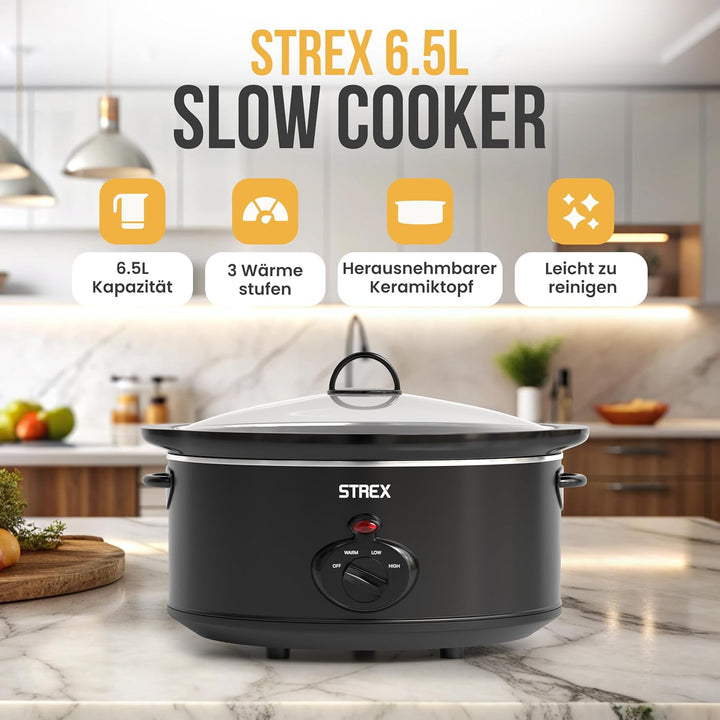 Strex Schongarer Slowcooker 6.5L - Herausnehmbarer Keramik-Innenbehälter - Warmhaltefunktion - Slow