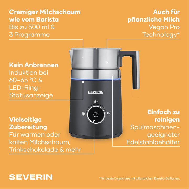 SEVERIN SPUMA 500 Induktions-Milchaufschäumer, elektrischer Milchaufschäumer ohne Anbrennen, spülmas