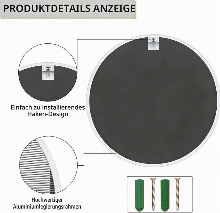 60 x 60 cm grosser runder Wandspiegel mit Metallrahmen, weisser gebürsteter Rahmen, HD-Glasspiegel f