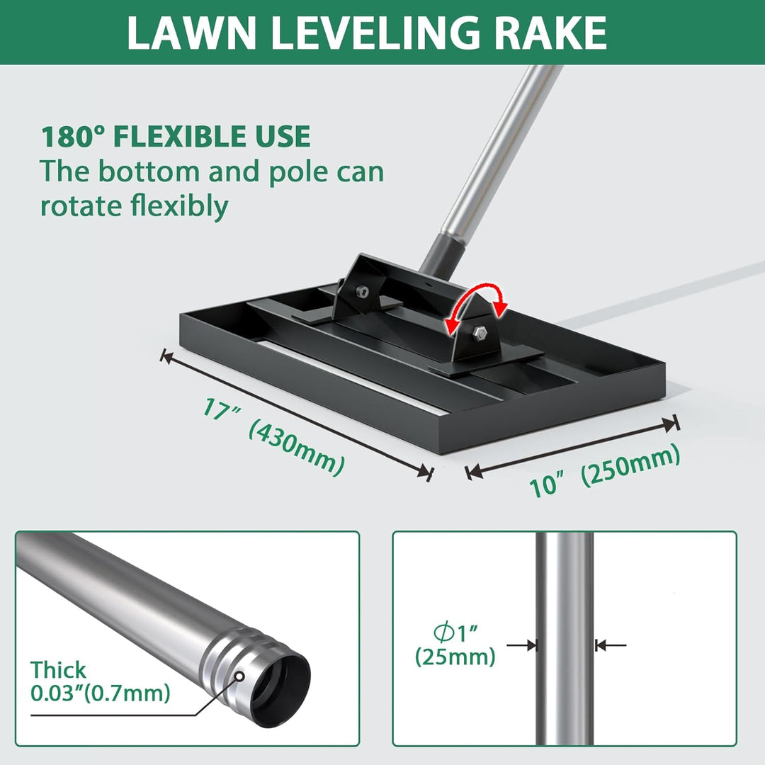 43,2 x 25,4 cm Rasen-Nivellierrechen mit 198,1 cm verstellbarem Edelstahlgriff – robustes Grasnivell