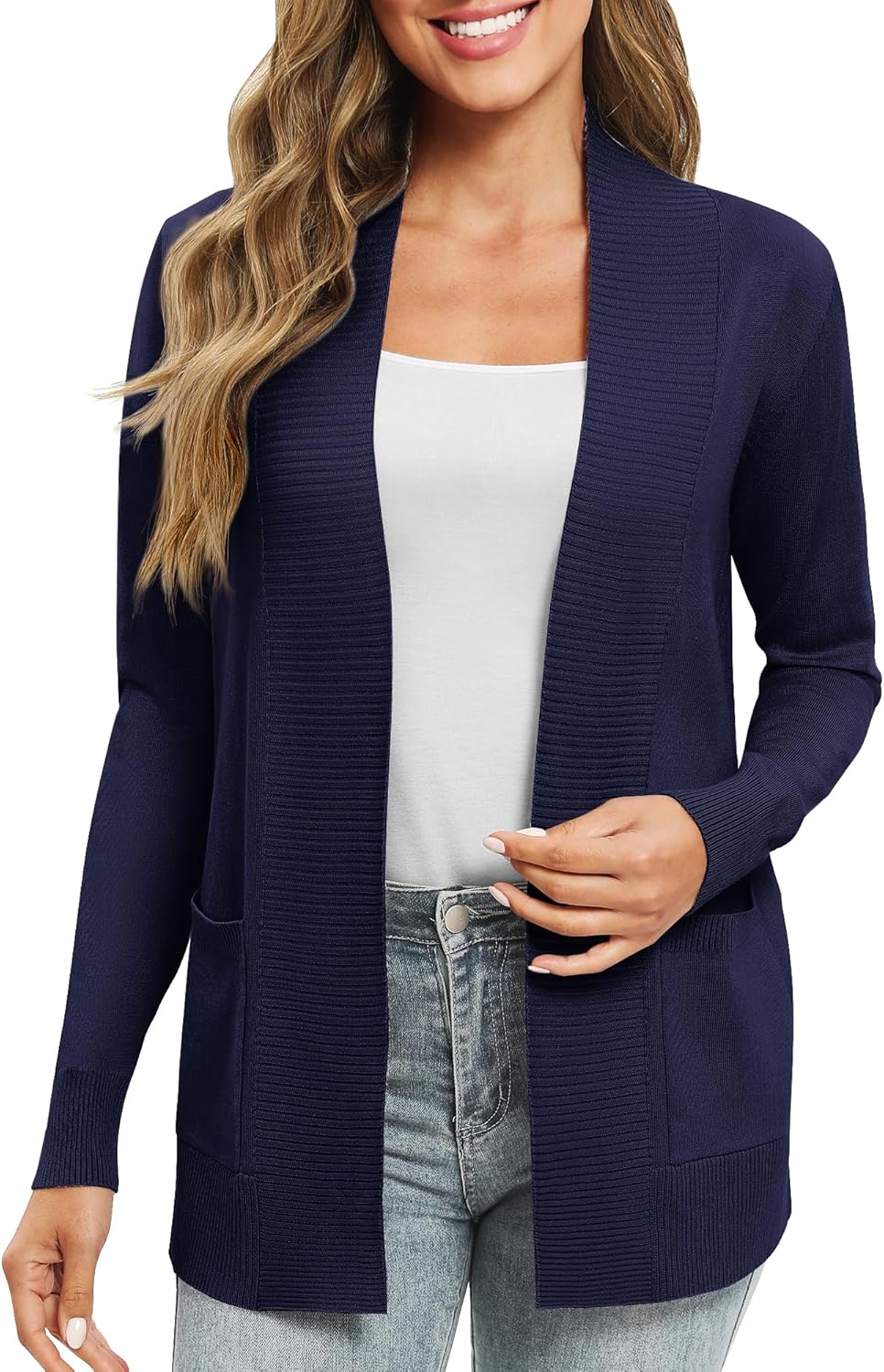 EXCHIC Damen Lange Ärmel Gestrickt Strickjacke Leicht Gemütlich Offene Vorderseite Lange Freizeitjac