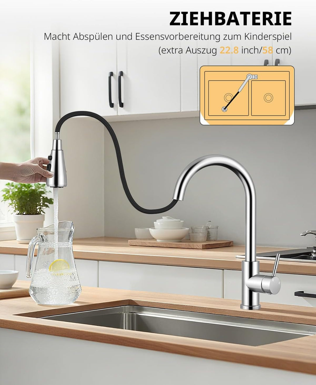 Küchenarmatur, Ausziehbarer Wasserhahn mit Edelstahl-Sprühbrause und 3 Sprühfunktionen, 360° schwenk