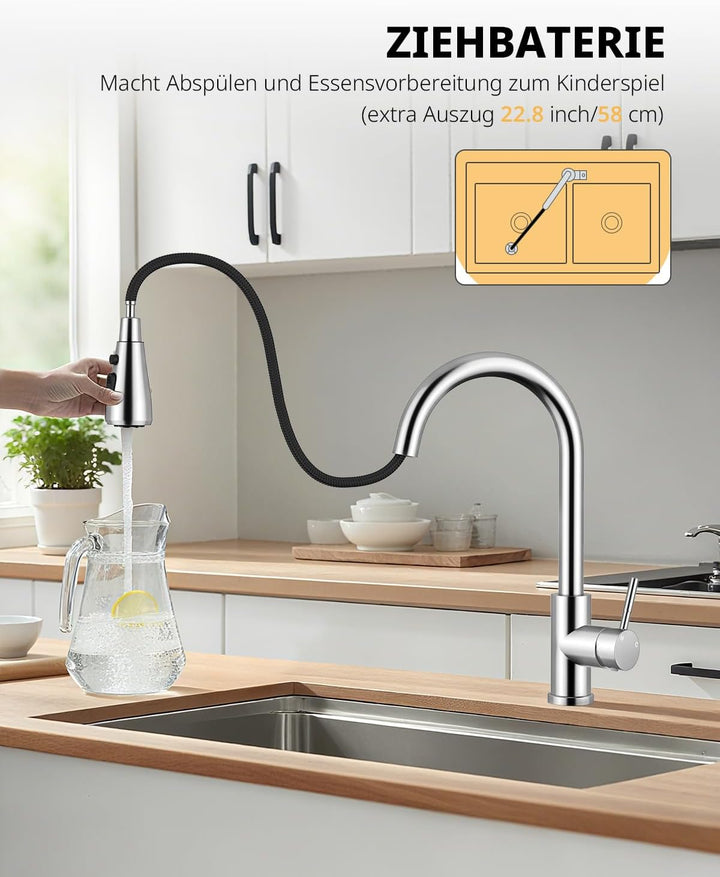 Küchenarmatur, Ausziehbarer Wasserhahn mit Edelstahl-Sprühbrause und 3 Sprühfunktionen, 360° schwenk