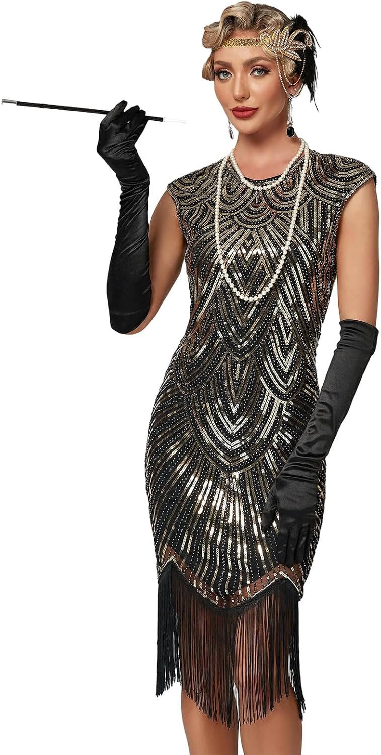 VILOREE Damen Kleid voller Pailletten 20er Stil Runder Ausschnitt Inspiriert von Great Gatsby Kostüm