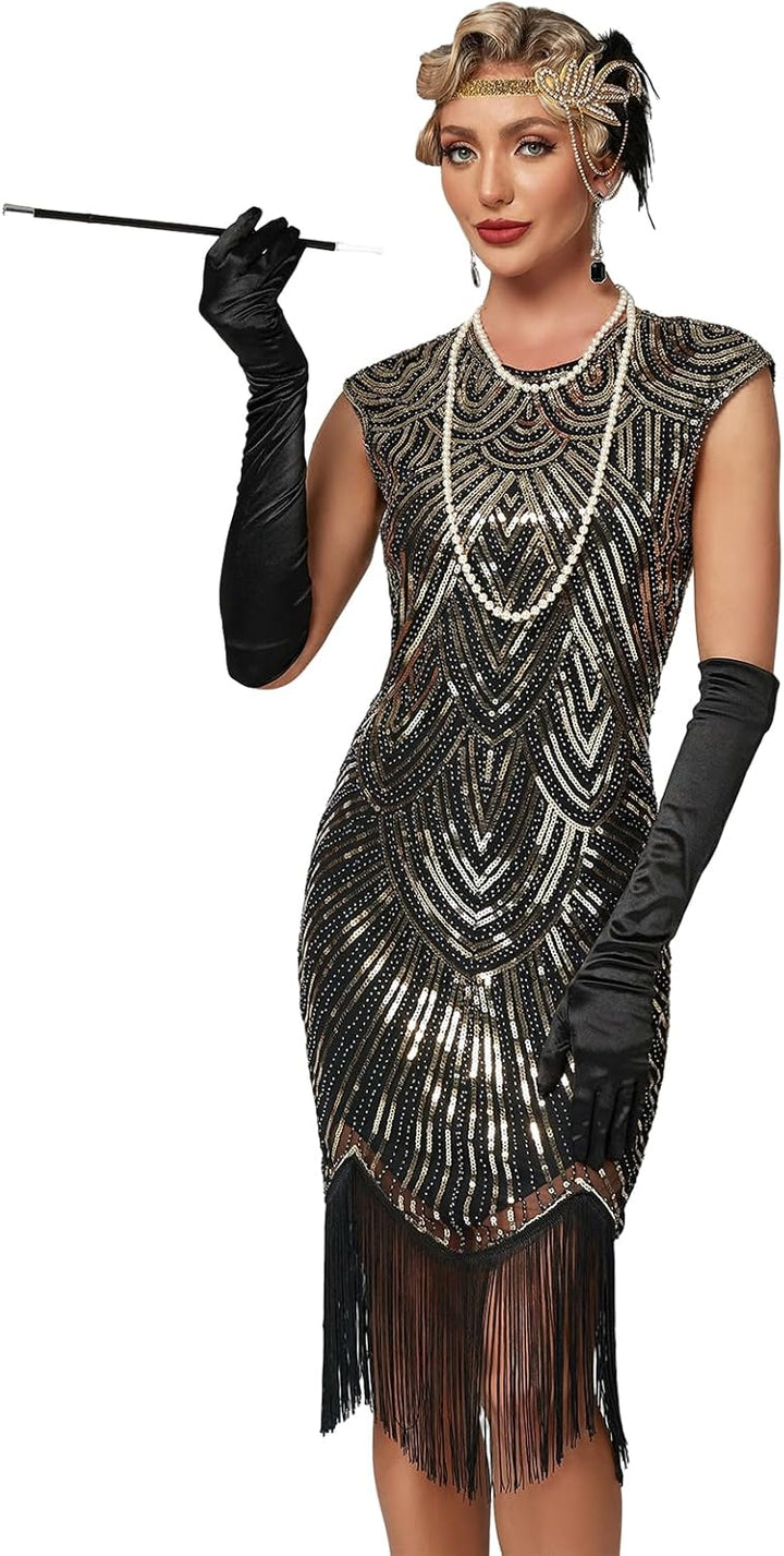 VILOREE Damen Kleid voller Pailletten 20er Stil Runder Ausschnitt Inspiriert von Great Gatsby Kostüm