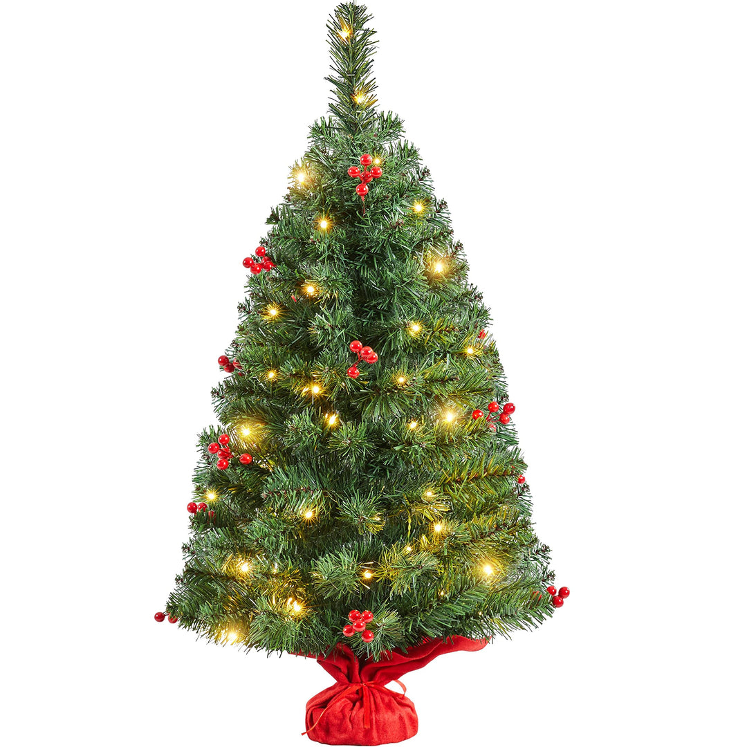 Yaheetech 90cm Mini Künstlicher Weihnachtsbaum mit 50 Warmweiss LED Beleuchtung &amp; 60 Roten Beeren Kl