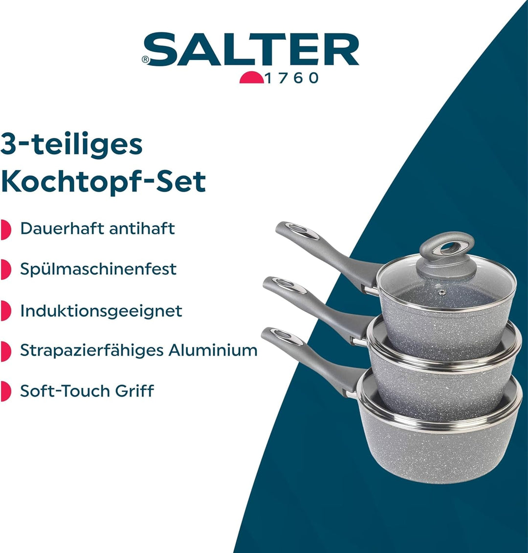SALTER BW02986G Kochtopf Set - Dauerhaft antihaft Kochgeschirr Set mit Glasdeckel, 3 teilig Kochpfan