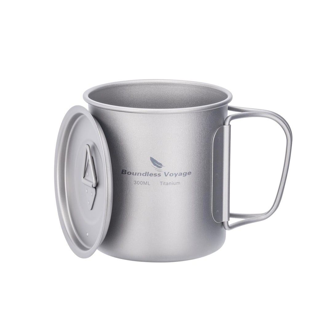 iBasingo 300ml Titan Becher Camping Tasse Outdoor Tee Kaffee Reisebecher mit Deckel & Klappgriff Lei